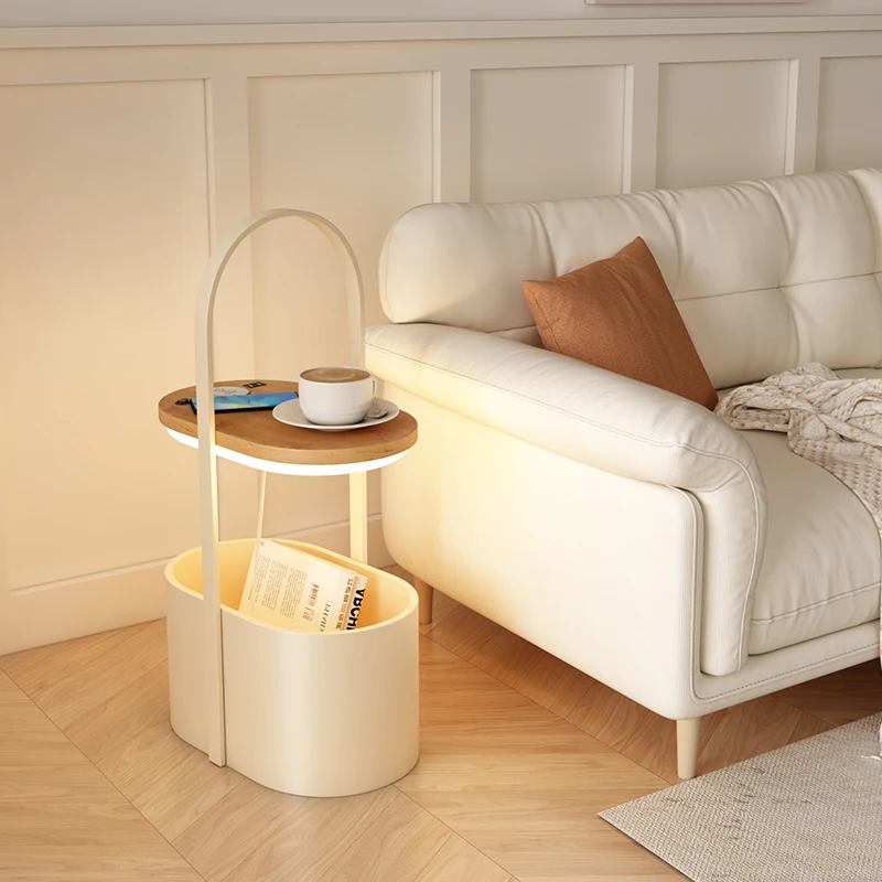 Round End Table with Storage Modern Sofa Side Table with Built-in Shelf Multifunctional Bedroom/Living Room Corner Unit