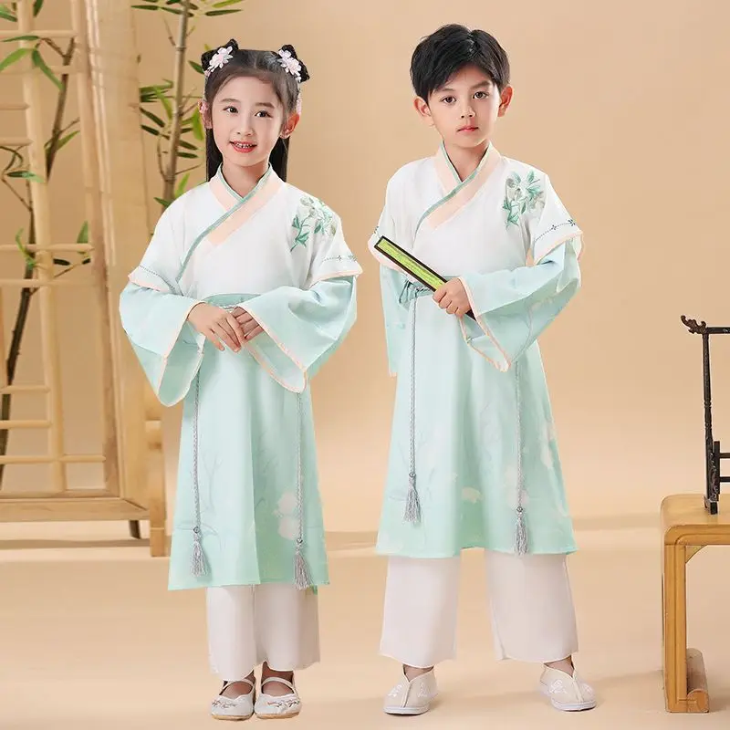 

Детский комплект Hanfu-китайский костюм Тан для мальчиков и девочек, традиционное платье ученого, наряд для выступлений с вышивкой, От 3 до 12 лет