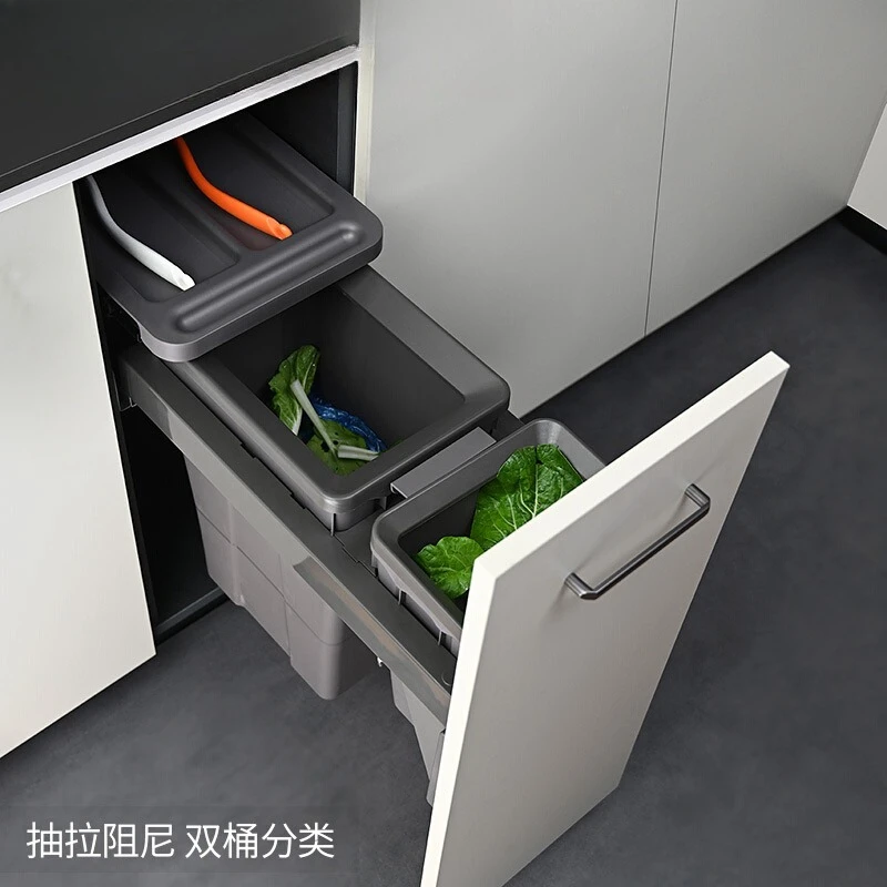 

Kitchen cabinet embedded trash can embedded type with lid concealed invisible built-in double bucket classification resistance
