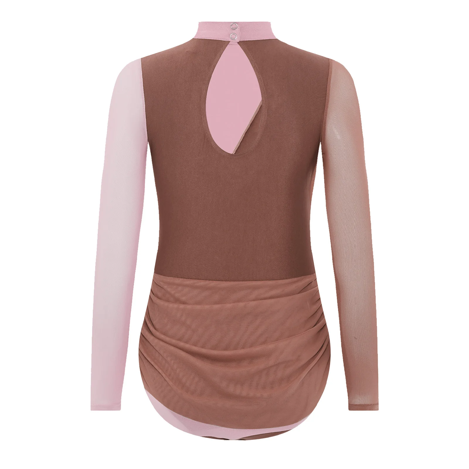 Vestido de baile de malla transparente para niñas, vestido de patinaje artístico fruncido con cuello simulado y mangas largas, diamantes de imitación brillantes y delicados