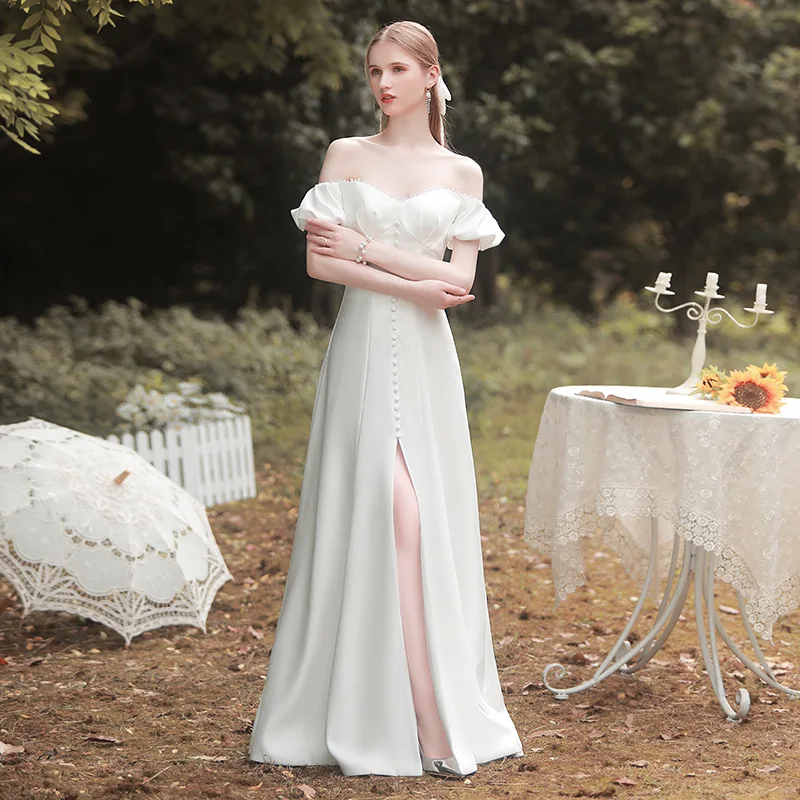 Vestido de novia sin tirantes, vestido blanco sencillo y lujoso francés para novias