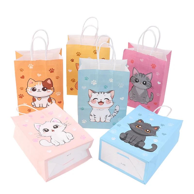 6PCS Colorful Cartoon Cat Paw Print Paper Candy Bags Gift Bags With Handles For Pet Theme Kid Birthday Party Decorations Favors