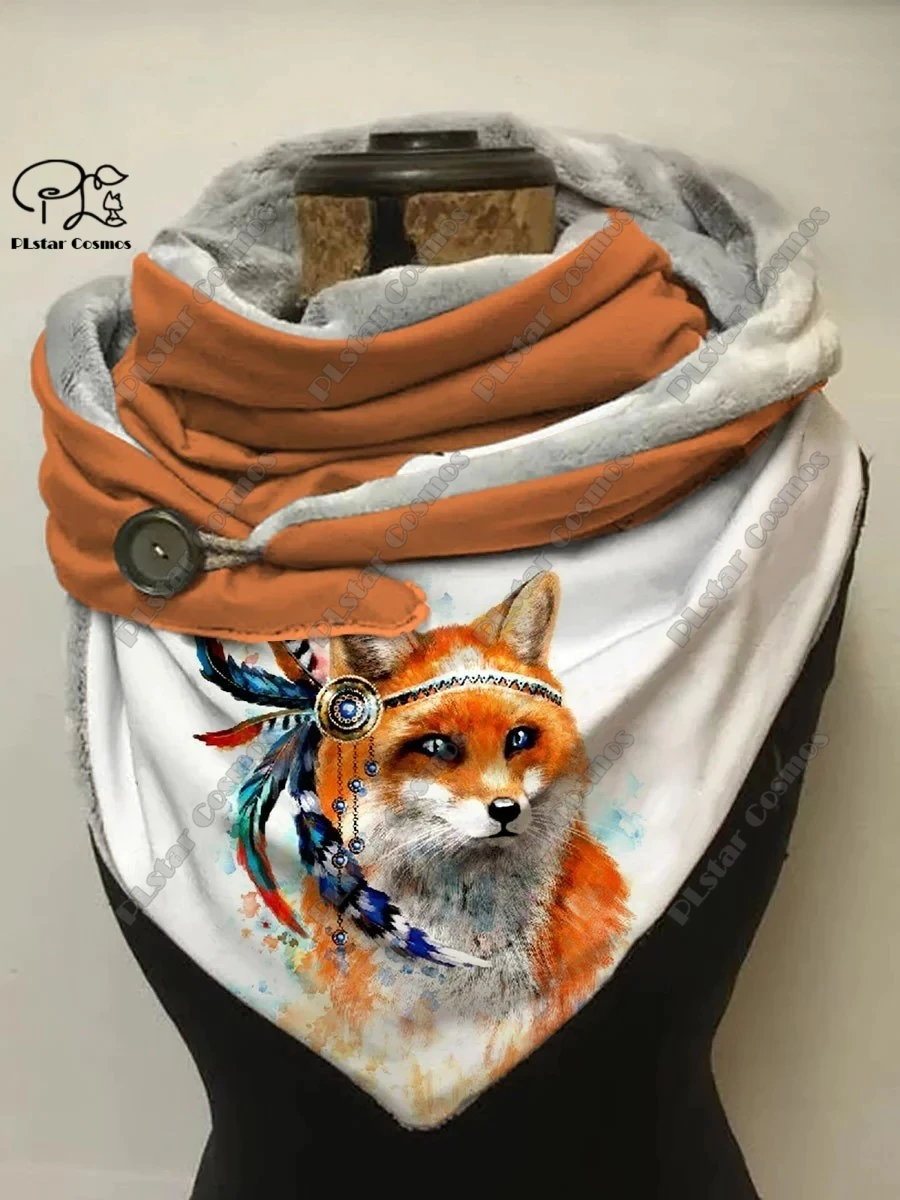 3D printing animal series cute fox fallen leaves snowflake pattern women\'s warm shawl spring and winter small triangle scarf H-4