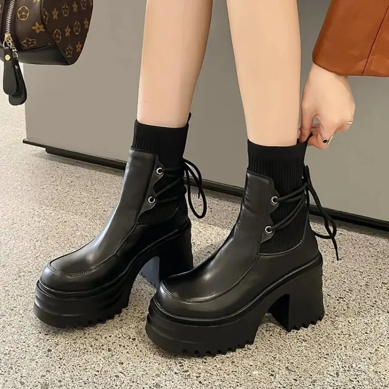 2024 New Women\'s Ankle Boots Fashion Chunky Ultra High Heels Solid Color Shoes Women Knitted Lace-up Short Boots Autumn Winter