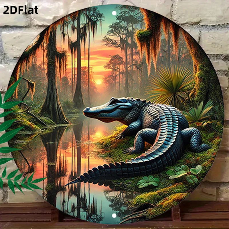 2D Flat - 1pc Swamp Sunset Round Wall Decor, Alligator Scene Wall Art, Twilight Glow Round Wall Decor, Mystical Forest Durable I