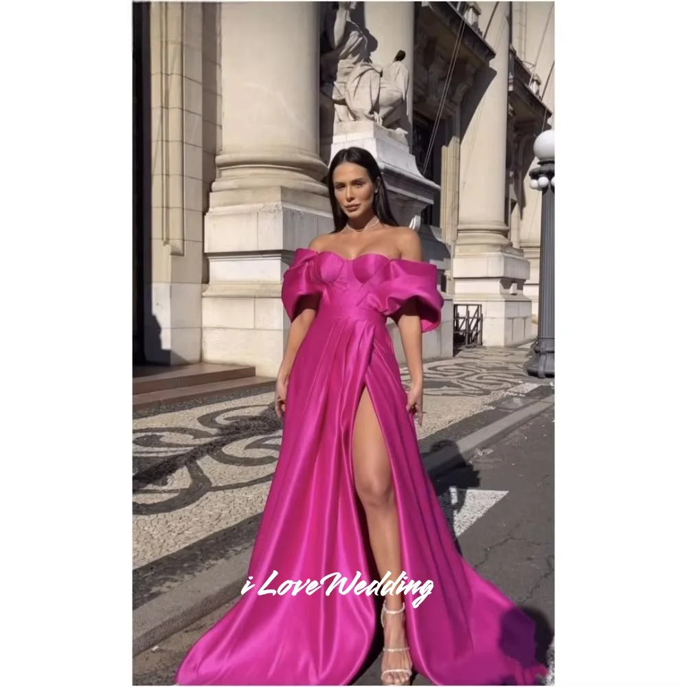 

Rose Red Strapless Prom Dress 2025 Off Shoulder A-Line Backless Split Evening Dress Floor-Length Pleated Party Dress Customized