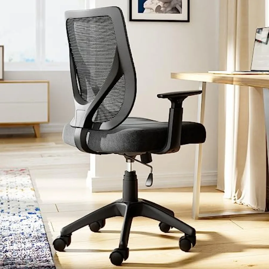 Office chair for ergonomic desk use, mesh back and foam seat in black with lumbar support, adjustable arms, and 360 swivel base