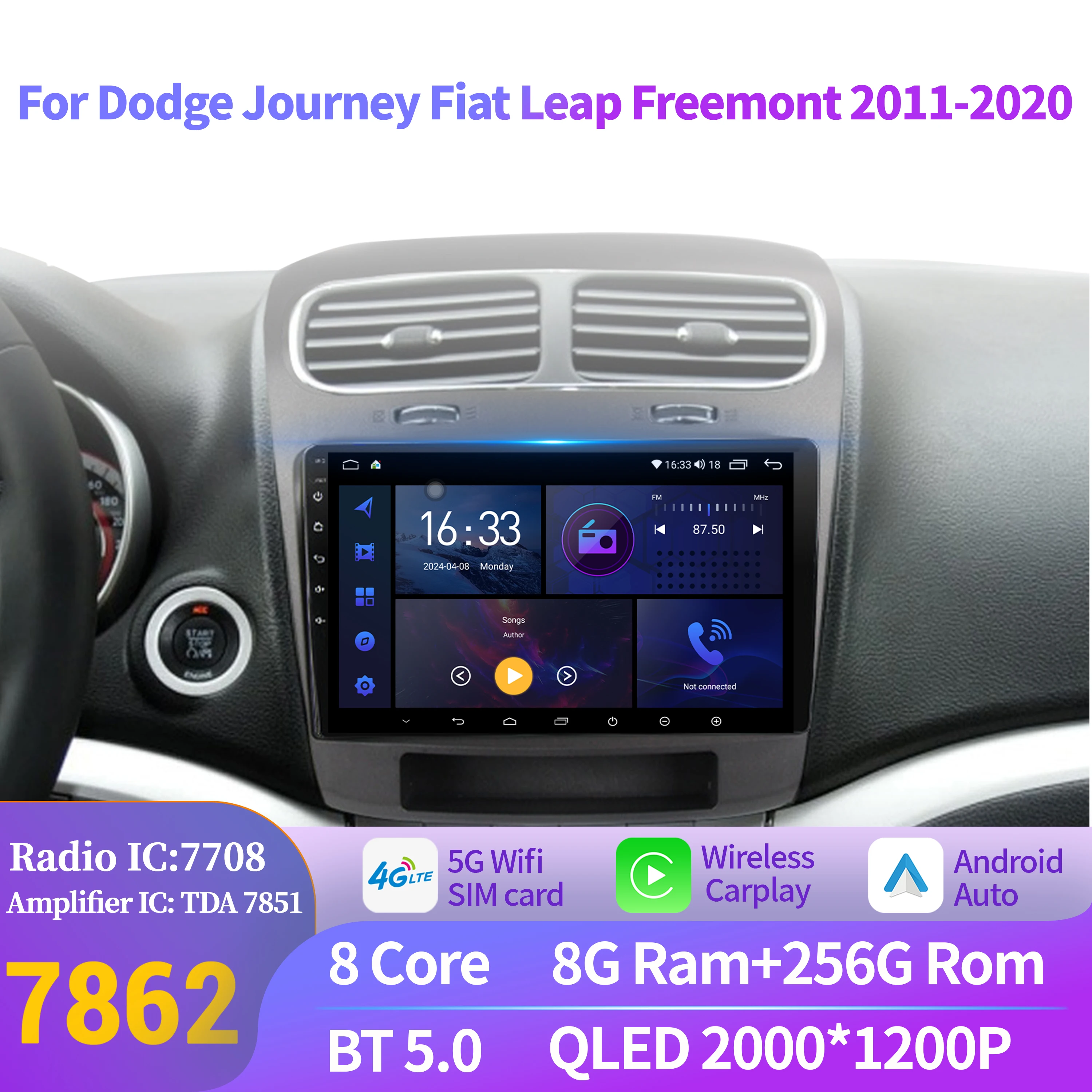

Для Dodge Journey Fiat Leap Freemont 2011-2020 Android 14 Автомобильный радиоприемник Мультимедийный беспроводной BT Carplay 7862S 8G 256G 2K QLED экран