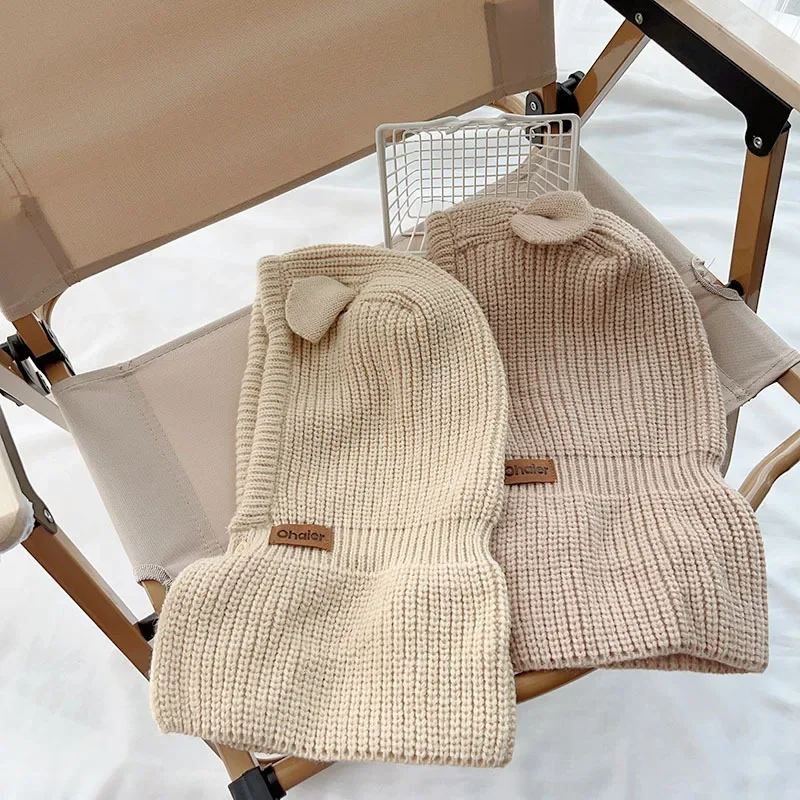 Korean Style Solid Color Children\'s One-Piece Hat Sleeve Cap Baby Autumn and Winter Earflaps Warm Knitted Hat Tide