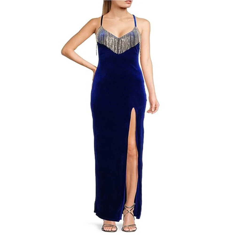 

Hot Selling Sleeveless V-Neck Bodice Fringe Trim With Thin Straps Evening Dress Open Back Zipper Floor Length Front Slit Gown