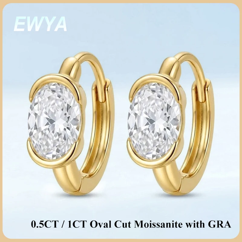 EWYA 0.5CT 1CT Oval Pear Cut Moissanite Huggie Hoop Earrings S925 Silver Half Bezel Set Dainty Minimalist Jewelry Gift for Women