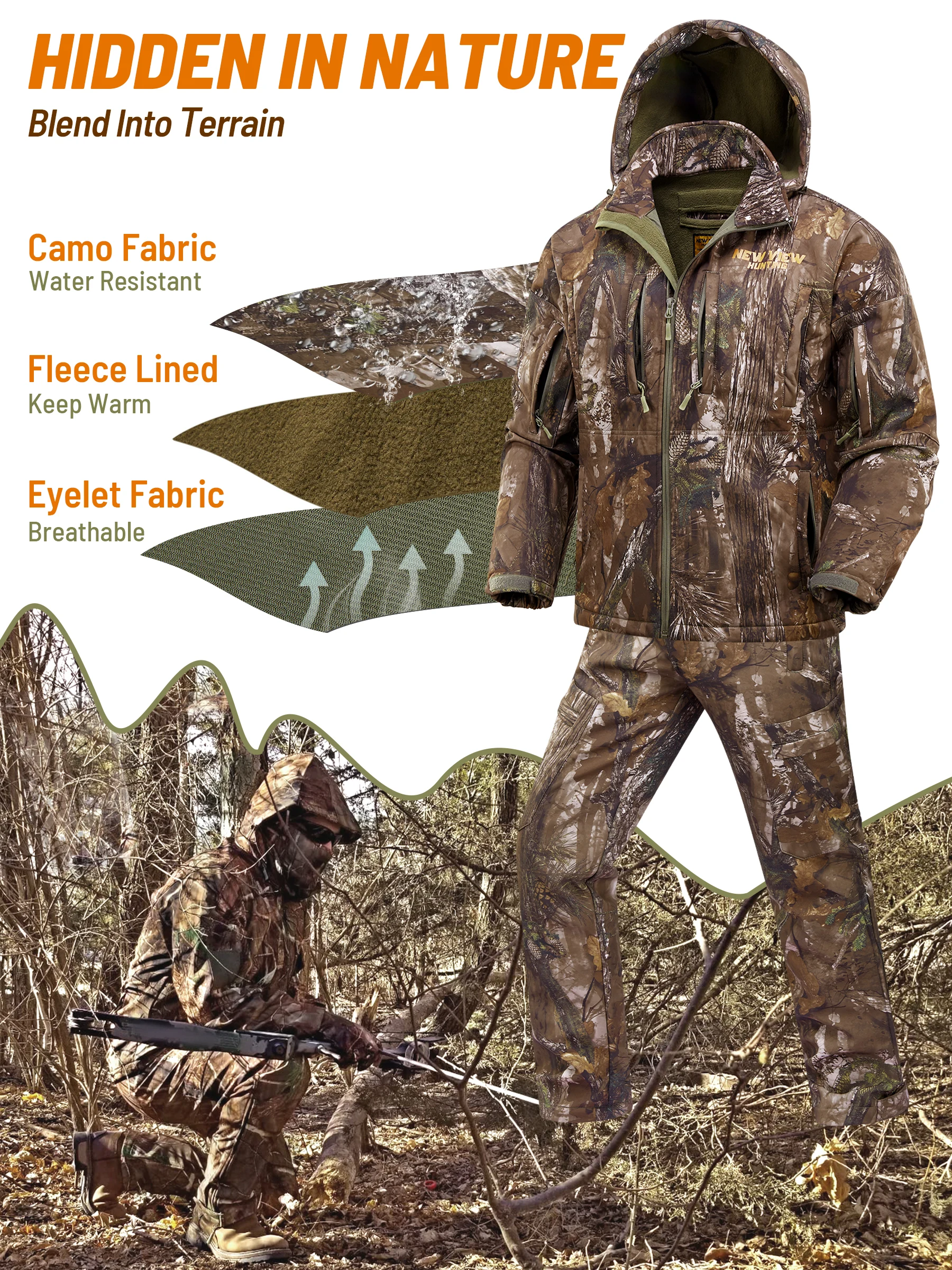 Camo Hunting Clothes for Men, Winter Warm Hunting Jacket and Pants,Fleece Lined Hunting Suit for Deer Duck Bow Hunts