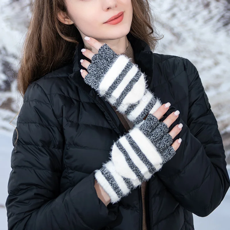 Winter Keep Warm Knitted Women Gloves Flip Cover Cycling Stripe Student Writing Sport Outdoor