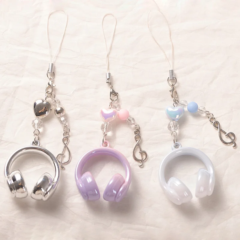 Y2K Music Earphone Beaded Keychain Creative Mini Headset Pendant Keyring Paired Lanyard Key Chain Cool Phone Bags Beaded Chains