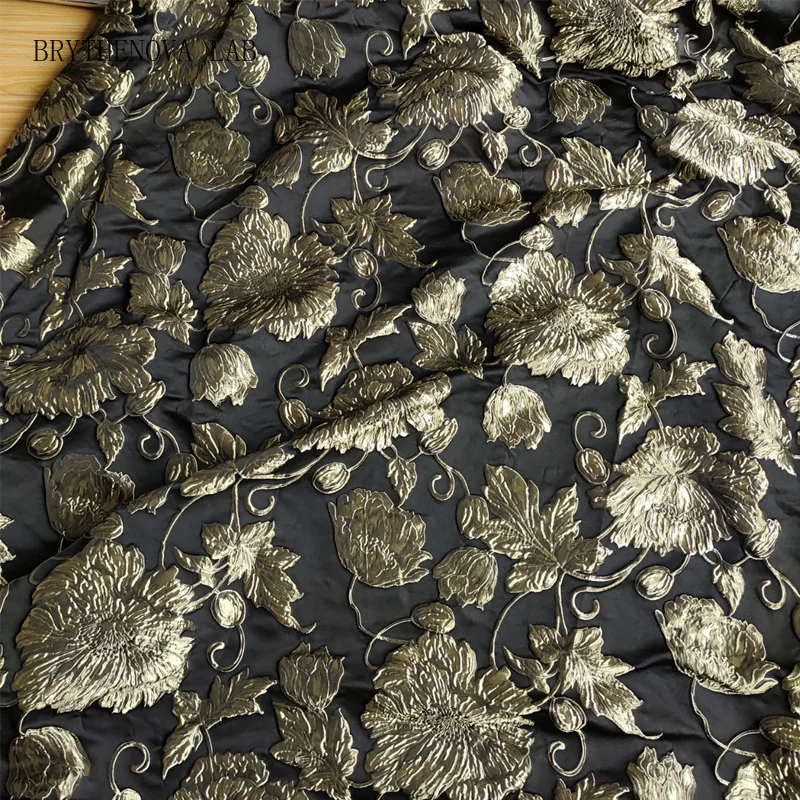 Yarn Dyed Embossed Gold Black Flower Jacquard Bubble Fabric Cloth 155cm Wide Sewing Fabric