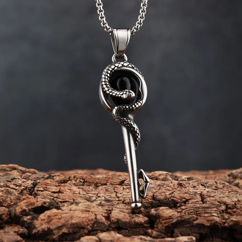Vintage Aged Coiled Snake Key Pendant Necklace Titanium Steel Dark Style Serpent Key Hip Hop Jewelry