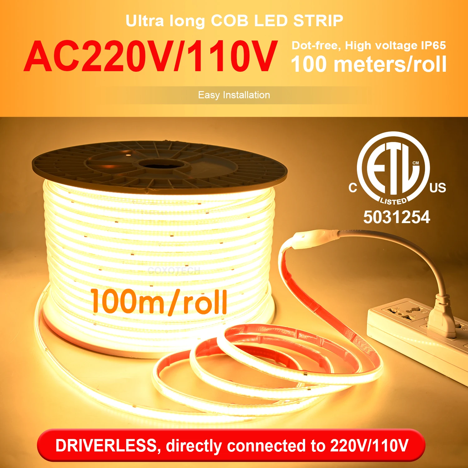 COXO ETL Led Strip 220v 110V Driverless Ip65 Waterproof Dot Free 296led 100m Roll Cob Led Light Strip 220v 100M