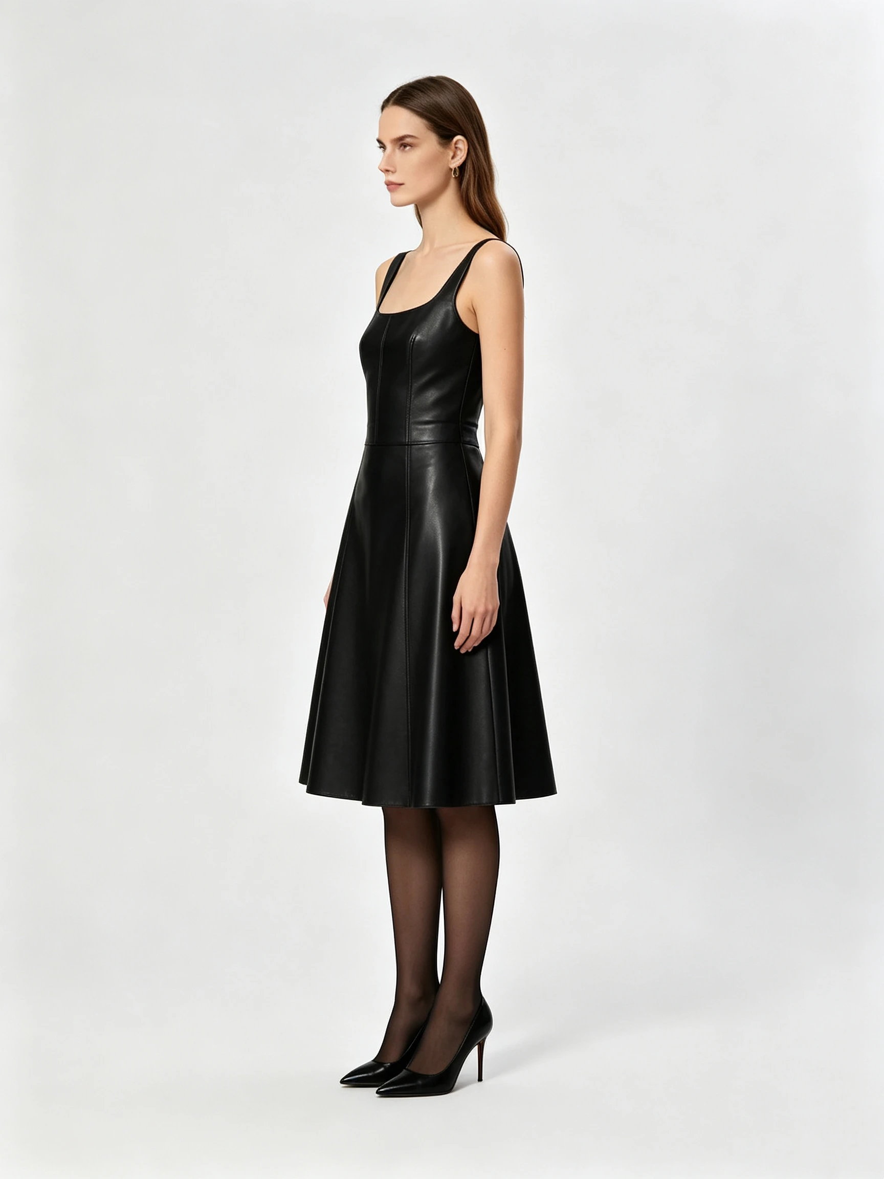 Women's Faux Leather Square Neck Midi Dress with Wide Straps and A-Line Skirt