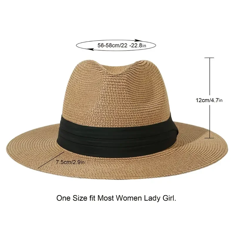 1pcs Straw Panama Hat, Summer Outing  Hat, Women Wide Brim Summer Hat, UV Protection, Gift For Girls & Women