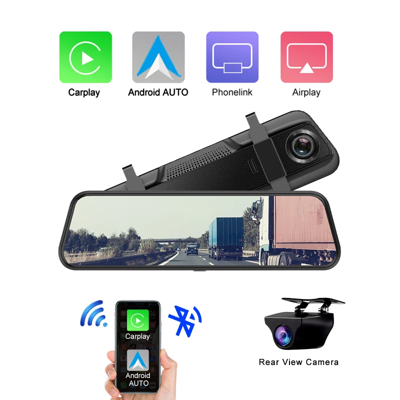 4K Dash cam Black box Car DVR Wireless Carplay & Android Auto RearView Mirror Support Rear View Camera Car Camera Video Recorder