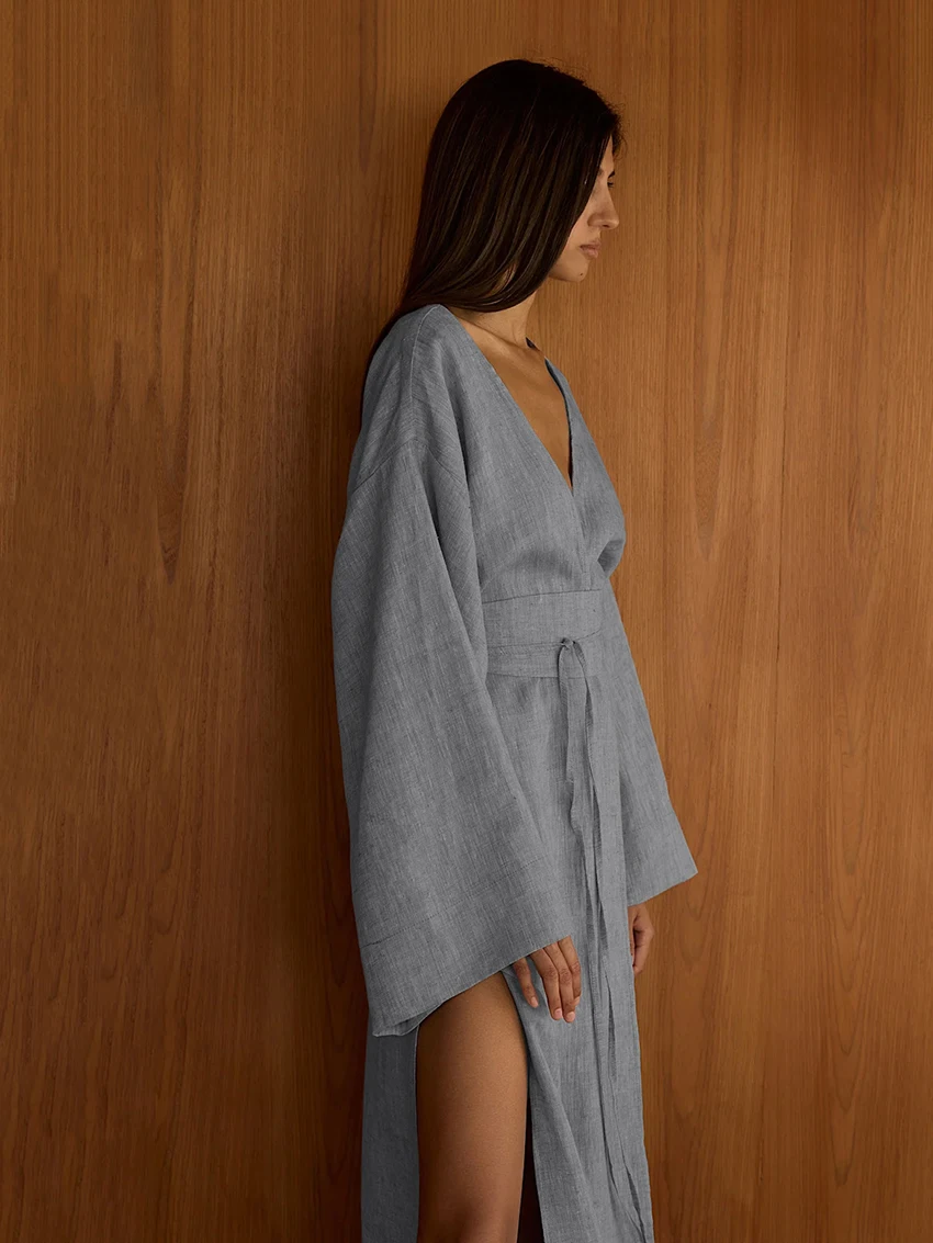 Marthaqiqi Casual Female Pajamas Long Sleeve Sleepwear Sexy V-Neck Nightwear Lace Up Nightgowns Ankle-Length Dress Women Nightie