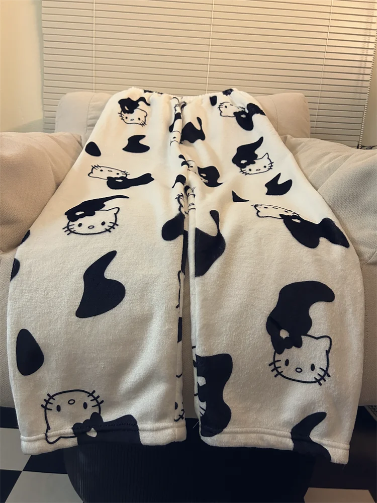 Autumn and Winter Hello Kitty Plush Pants Thick Cute Outerwear Sleeping Pants, Women's Flannel Dorm Warm Home Casual Trousers