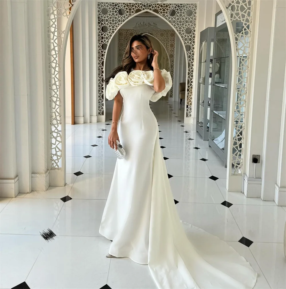 Suknie wieczorowe Mila z odkrytymi ramionami, białe, szyte na miarę, syrenka, sukienka na studniówkę z kwiatami 3D, 2025, tren dworski, zapinana na zamek, suknie formalne na przyjęcie weselne.