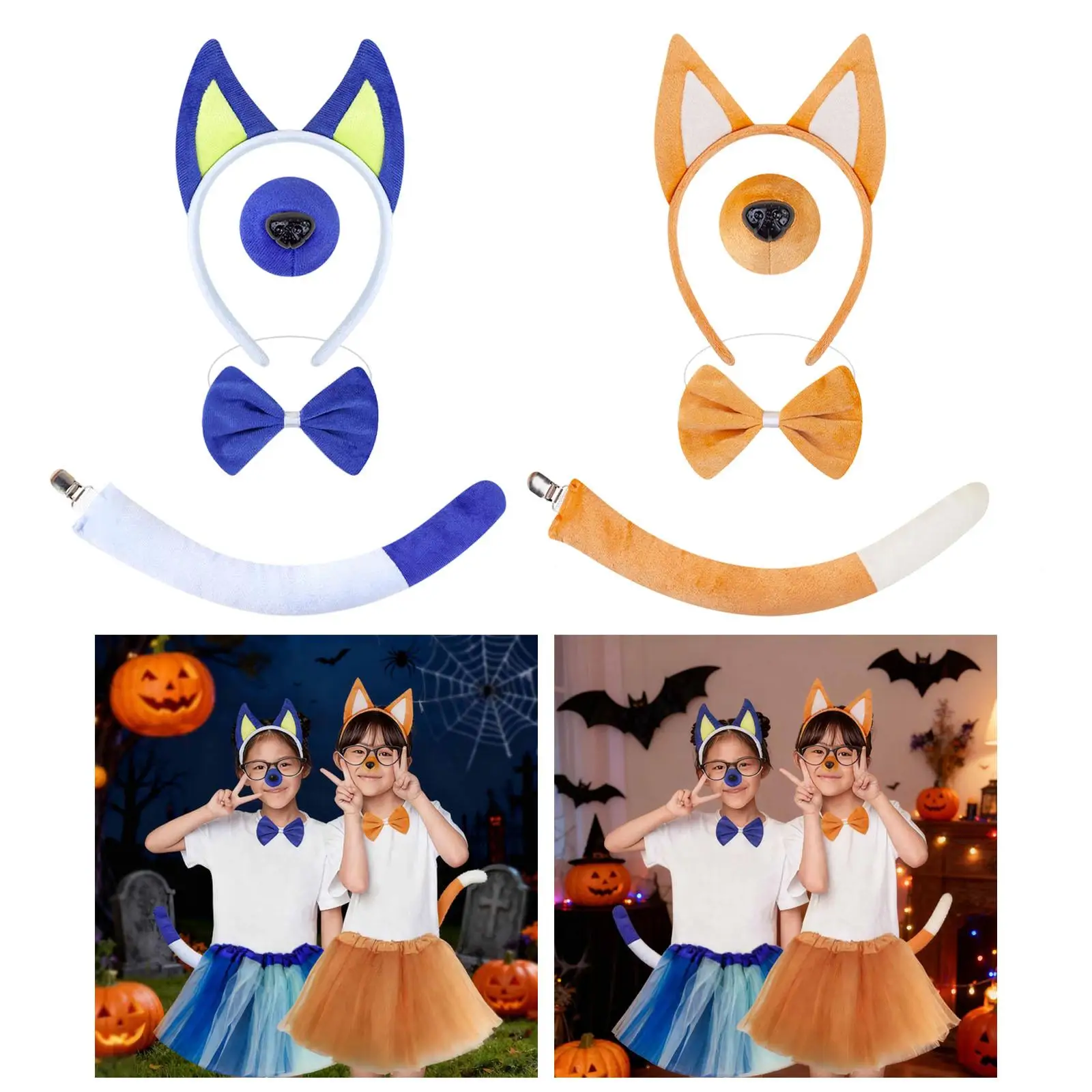 Hondenoren en staart Set Hoofdband Neus Vlinderdas Staart voor Fancy Party Halloween