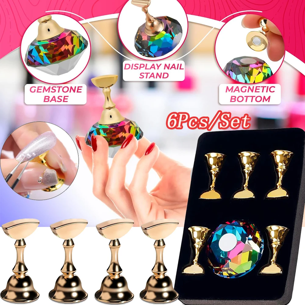 

6Pcs/Set Nail Art Practice Stand Magnetic Nail Tips Holder Fingernail Display Stands With Crystal Base DIY Nail Practicing Tools