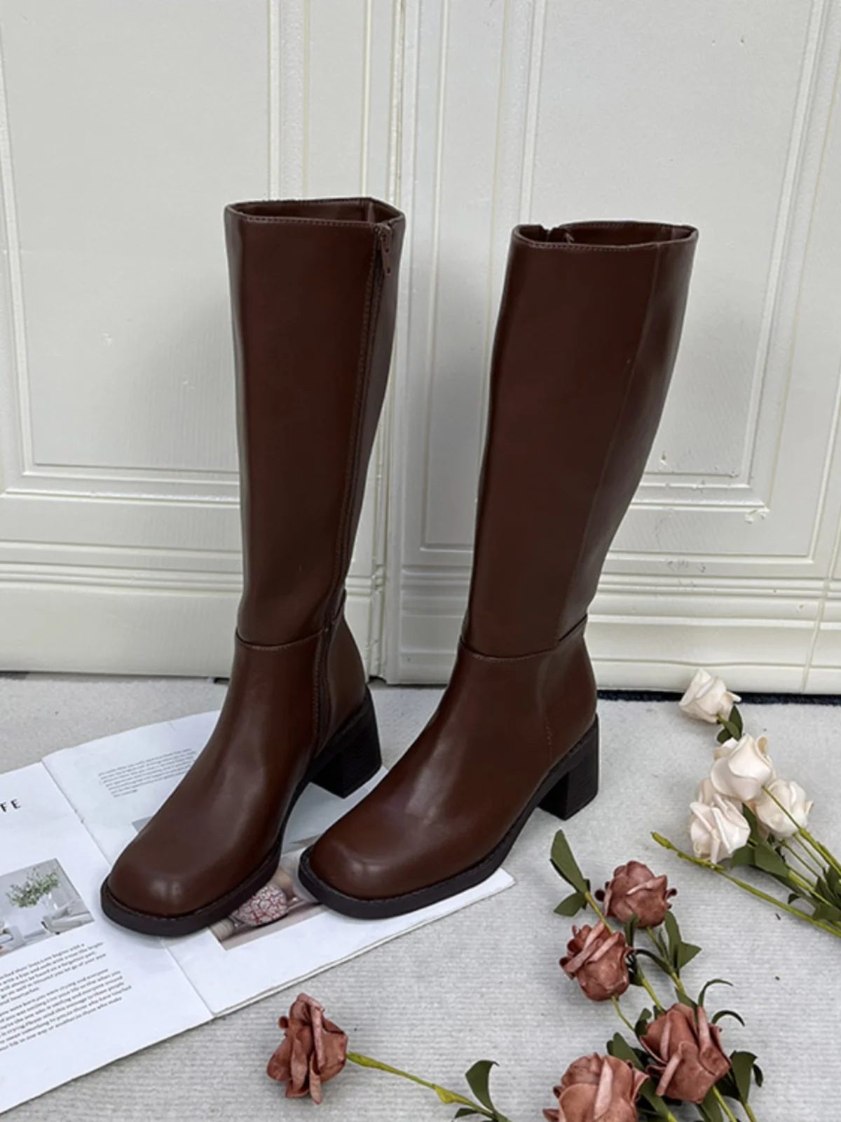 

Faionable Spring Autumn Knight Boots High Heel Square Head Zipper Side Long Boots PU Leather Rubber Sole for Young Women