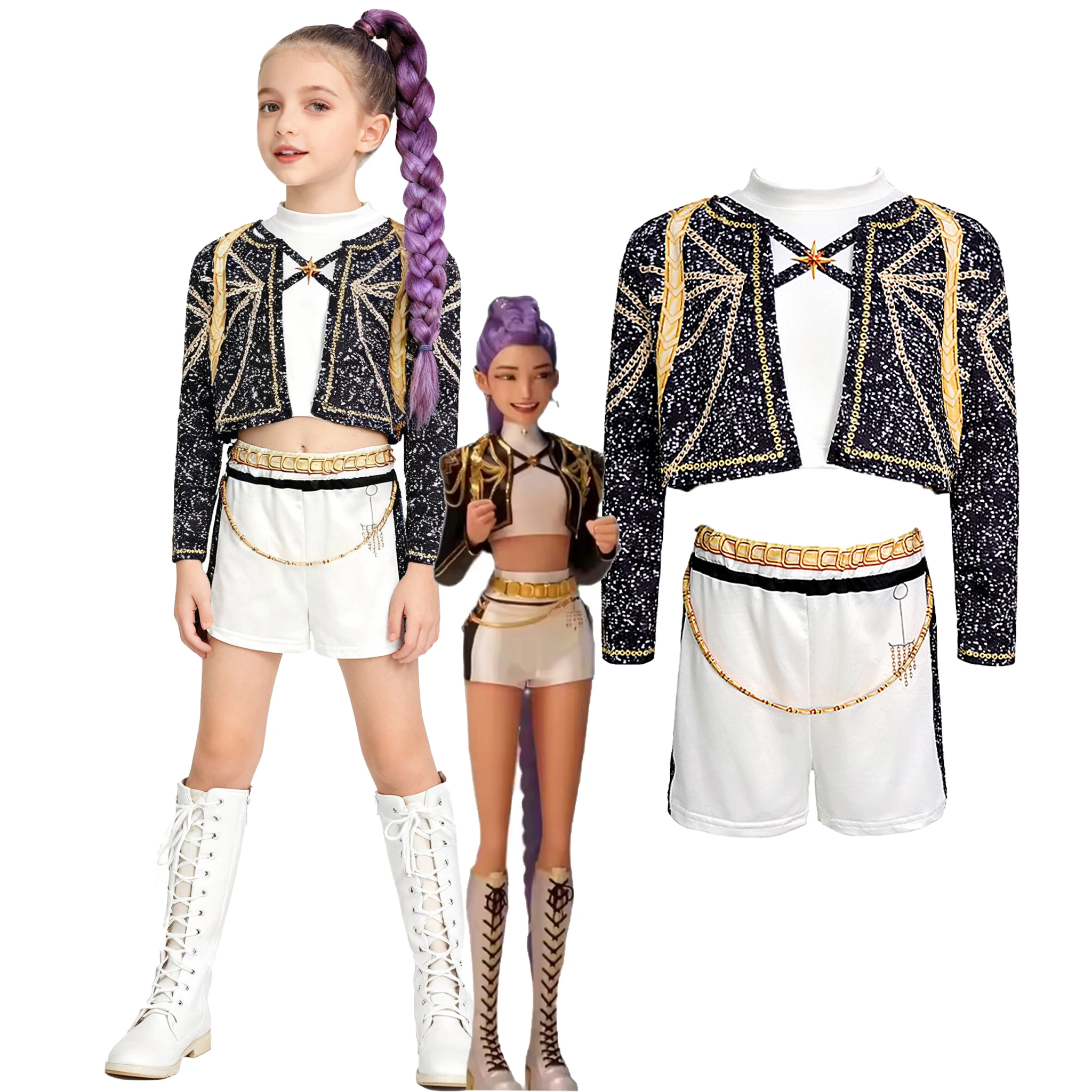 KPDH KDPop Rumi Mira Zoey Huntrix Złoty Strój Cosplay dla Dziewczynek na Urodziny Halloween Występ Sceniczny Bal Studniówkowy Ubrania dla Dzieci