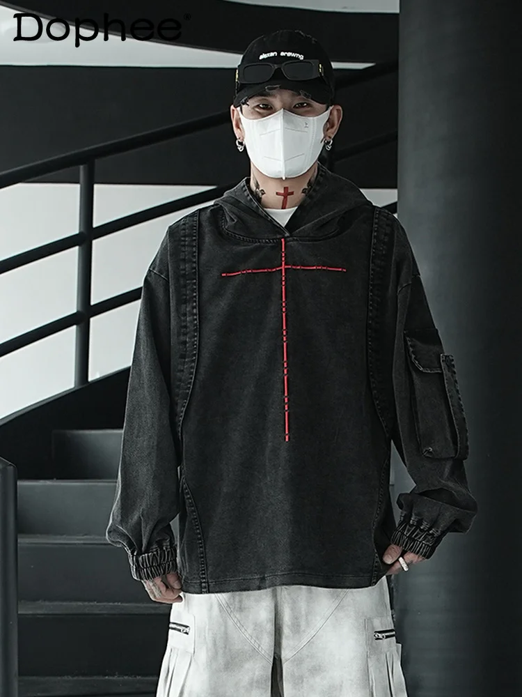 

American Style Trendy Retro Crew Neck Long Sleeve Hooded Sweatshirt High Street Loose Casual Stylish Workwear Jacket for Men