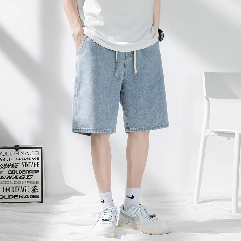 2024 New Leisure Trend Versatile Summer Solid Color Elastic Drawstring Pocket Men's Quarters Loose Wide Leg Casual Denim Shorts