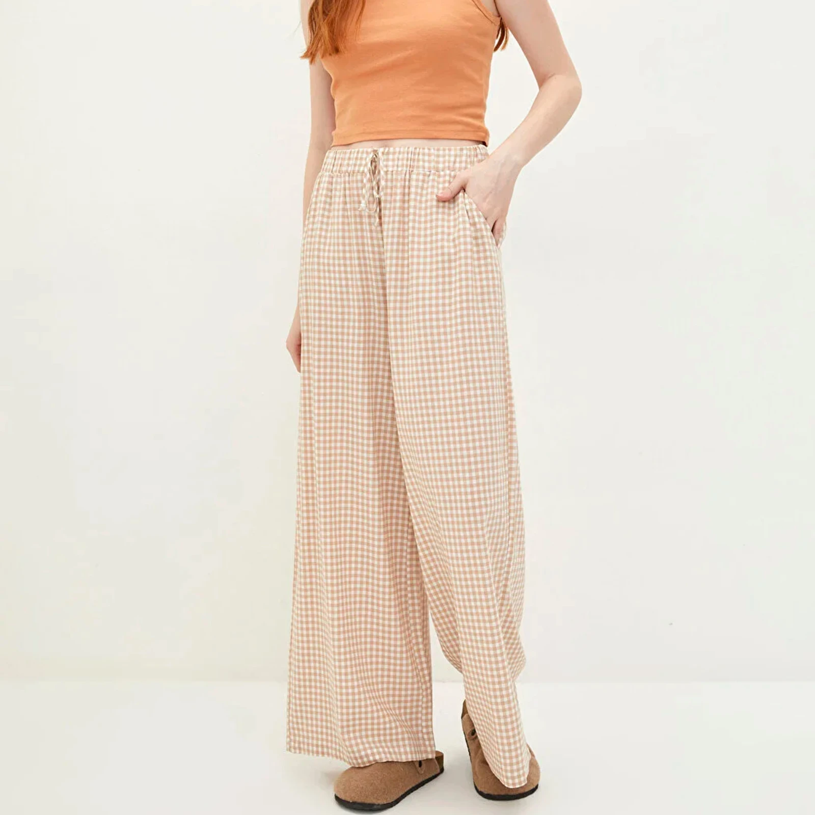 

Women's Pull On Long Pants Drawstring Elastic High Waistband Plaid Print Wide Leg Loose Casual Trousers with Pockets