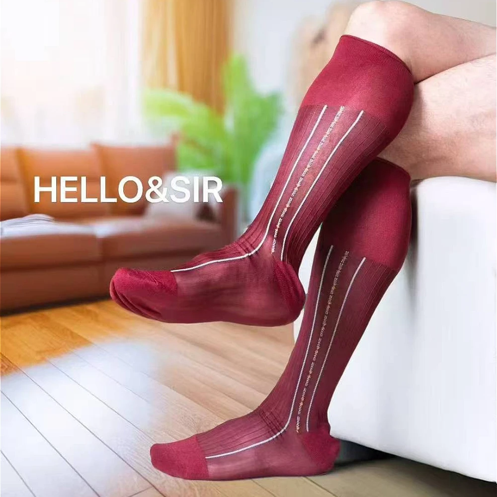 

Men's Formal Hose Sexy Red Hollowed-out Striped Business Calf Socks Brand High Quality Male Dress Socks Gentlemen Long Socks