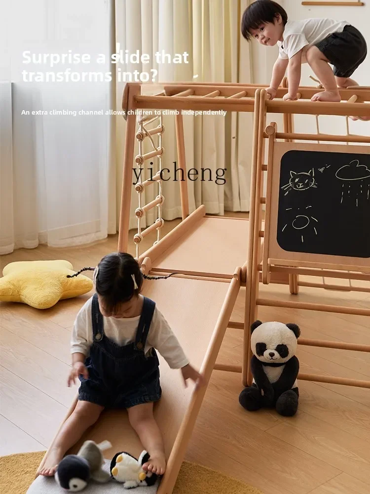 Full Beech Multi-functional Climbing Frame Indoor Family Playground Baby Swing Ring Drawing Board Slide