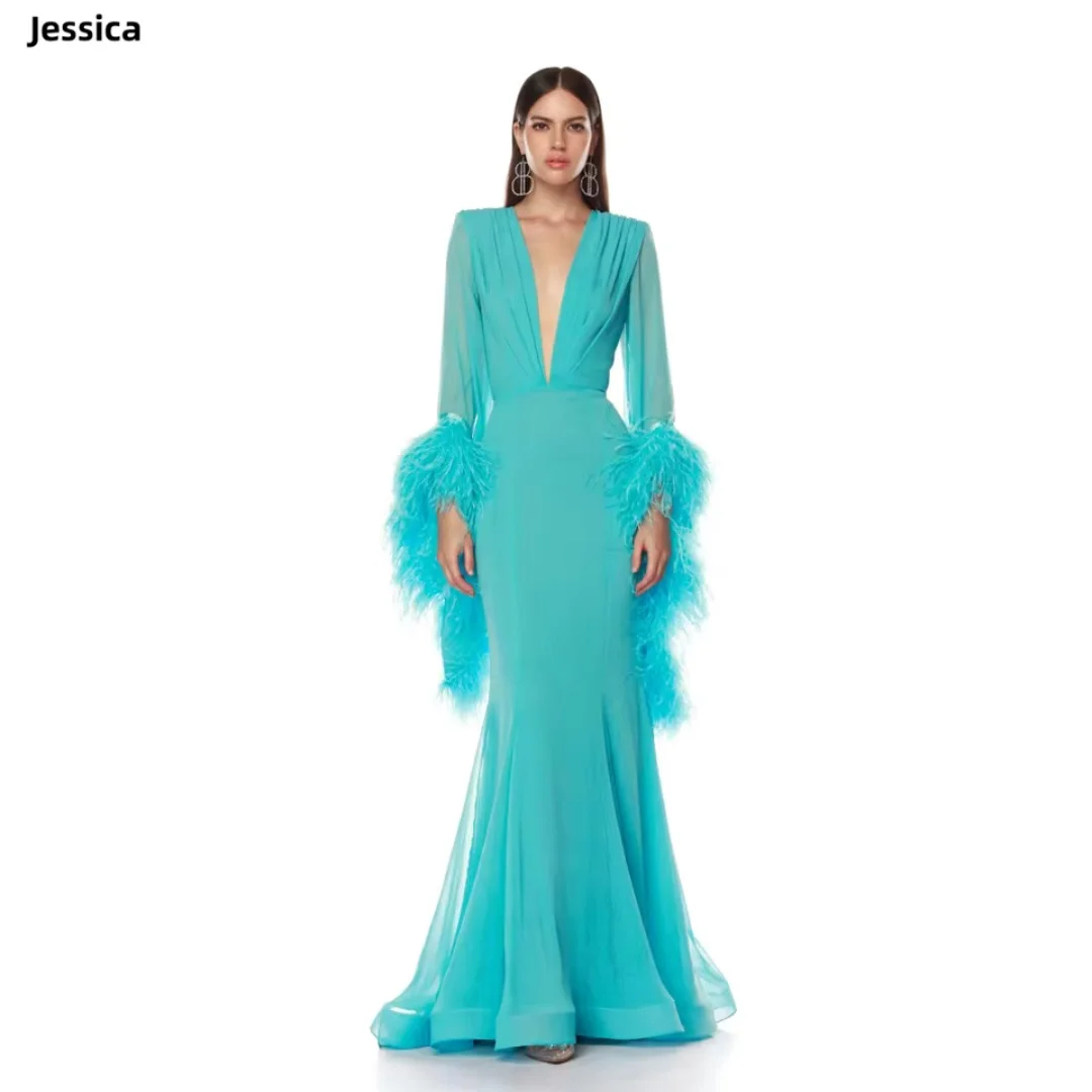 Amanda Customized Turquoise Deep V Long Sleeve Prom Dress Feather Cuff Mermaid Gown vestidos de noche Elegant Sheer Fabric 2025