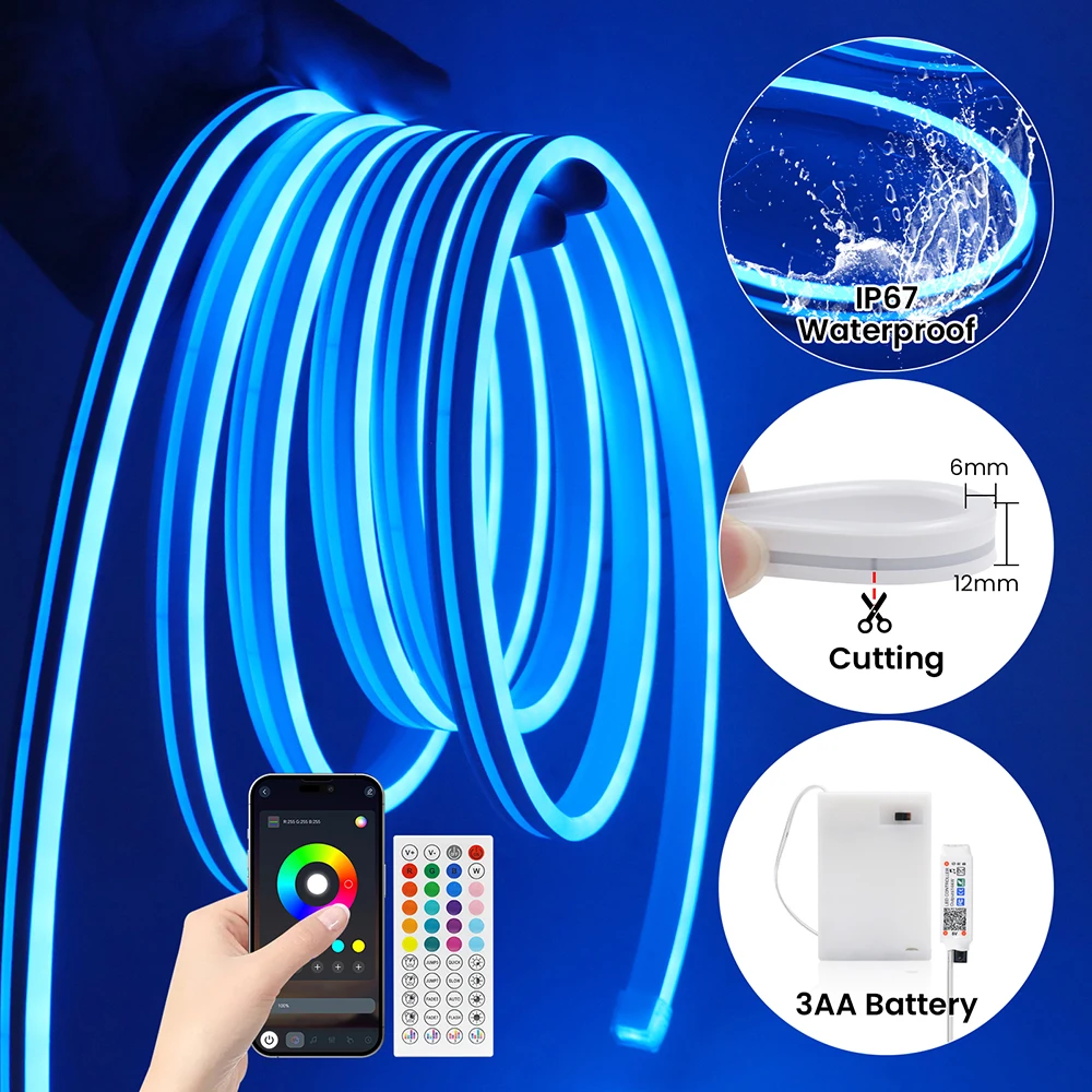Image of DC5V RGB LED Neonlicht, batteriebetrieben (AA), Bluetooth LED-Streifen, SMD2835, IP65 wasserdicht, 108 LEDs/m, mit Fernbedienung