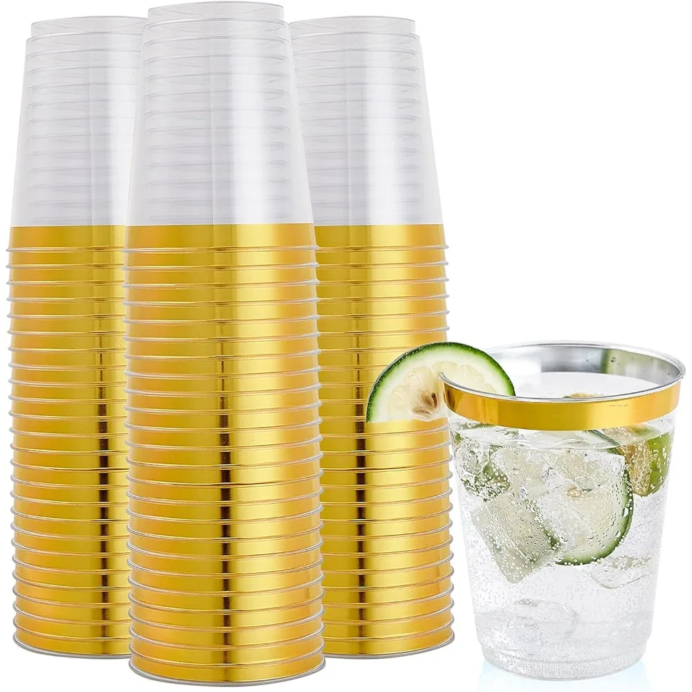 

100 Pack Gold Rimmed Plastic Cups 10 Oz Clear Plastic Cups Tumblers, Fancy Disposable Hard Plastic Cups with Gold Rim