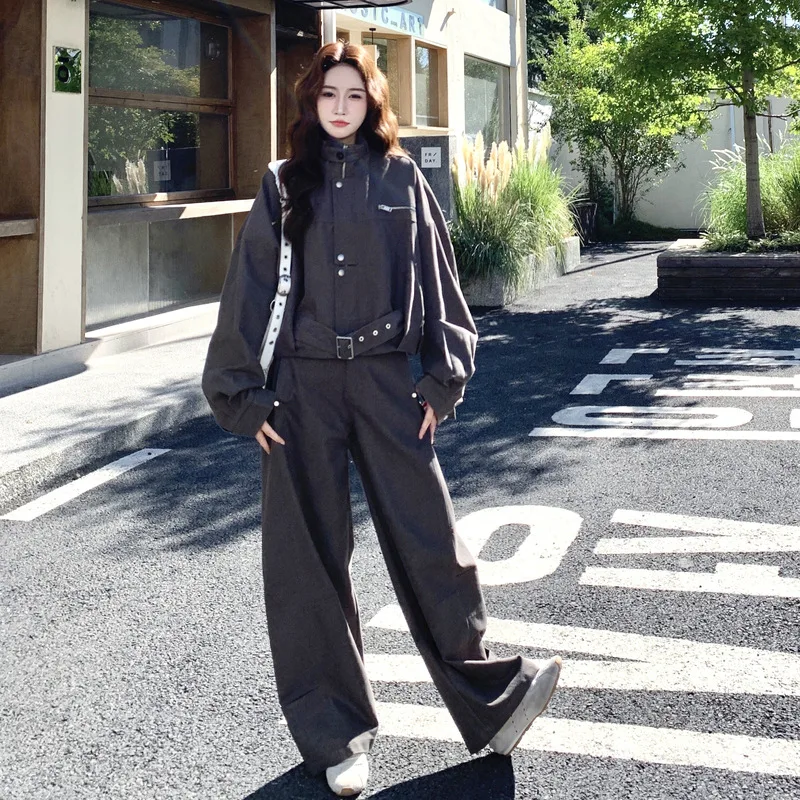 سترة ملابس عمل قصيرة الطراز + سراويل مستقيمة الساق طقم مكون من قطعتين للنساء 2025 طقم شارع جديد فضفاض على الطراز الأمريكي متعدد الاستخدامات #4