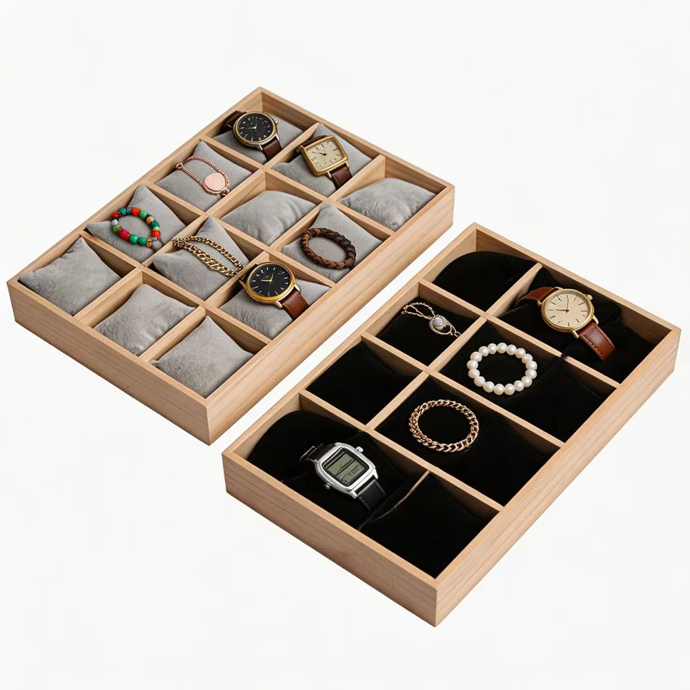 Solid Wood Watch Bracelet Jewelry Storage Tray 12 Grid Chain Pillow Holder Beads Necklace Organizer Showcase Bangle Cushion Box
