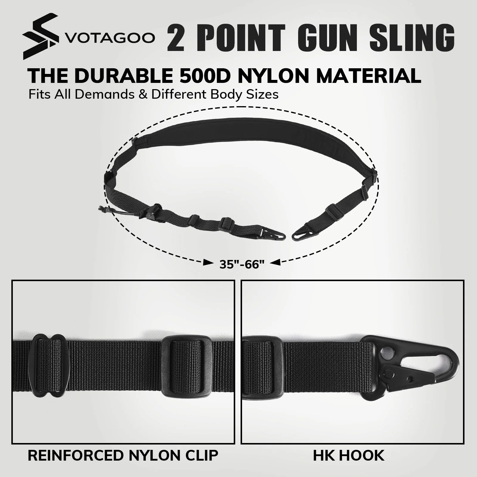 VOTAGOO Tactical 2 Point Sling, Quick Adjust Gun Sling with HK Hook, Soft Shoulder Pad Rifle Sling for Hunting Shooting
