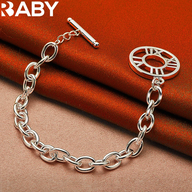 

URBABY 925 Sterling Silver Bracelets Round Roman Numeral Charms Bracelet For Women Man Fashion Fine Jewelry Gifts