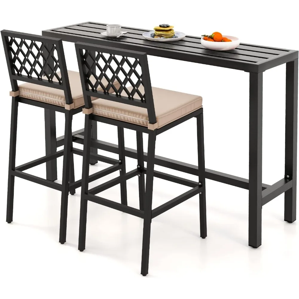 

3 Piece Outdoor Bar Table and Chairs Set, 55" Pub Height Bar Table & 2 Cushioned Bar Stools with Rhombus Backrest, Metal