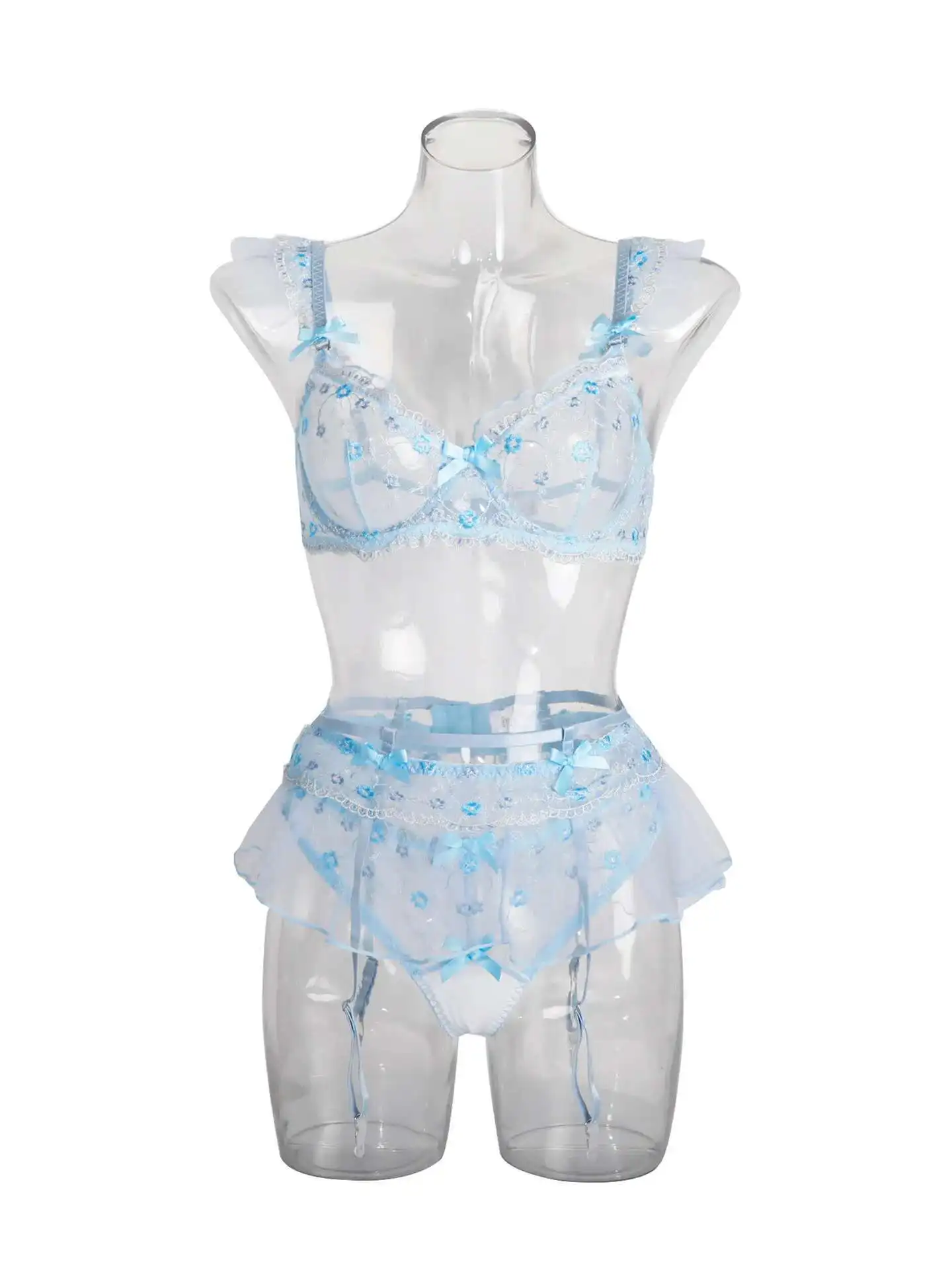 Sexy Transparente Einfarbige Blumendruck Spitze Mesh Rock Sets Rückenfreie Tiefe V Hosenträger Ärmellose Rock Sets Charming RMRO