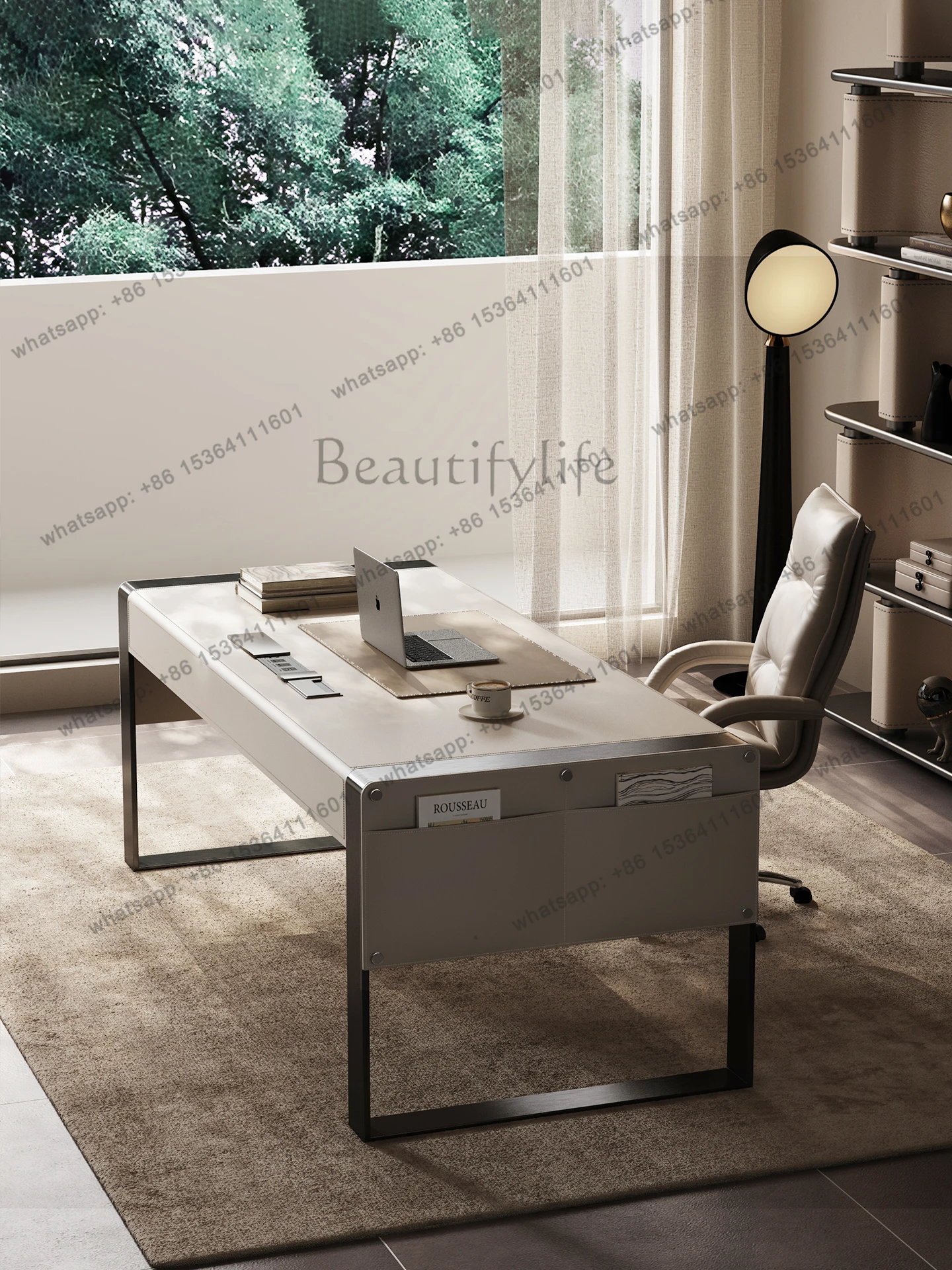 Light luxury high-end saddle leather solid wood home study bedroom writing desk