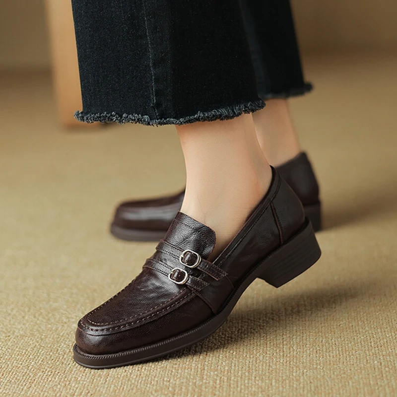 NEW Spring/Autumn Women Loafers Genuine Leather Shoes for Women Round Toe Chunky Heel Black Shoes Concise High Heel Women Pumps