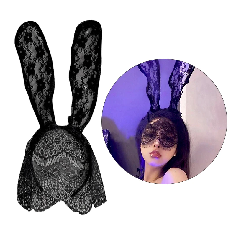 

Sexy Black Lace Masquerade Mask Women Halloween Costume Party Rabbit Bunny Ears Lace Eye Mask Black headwear