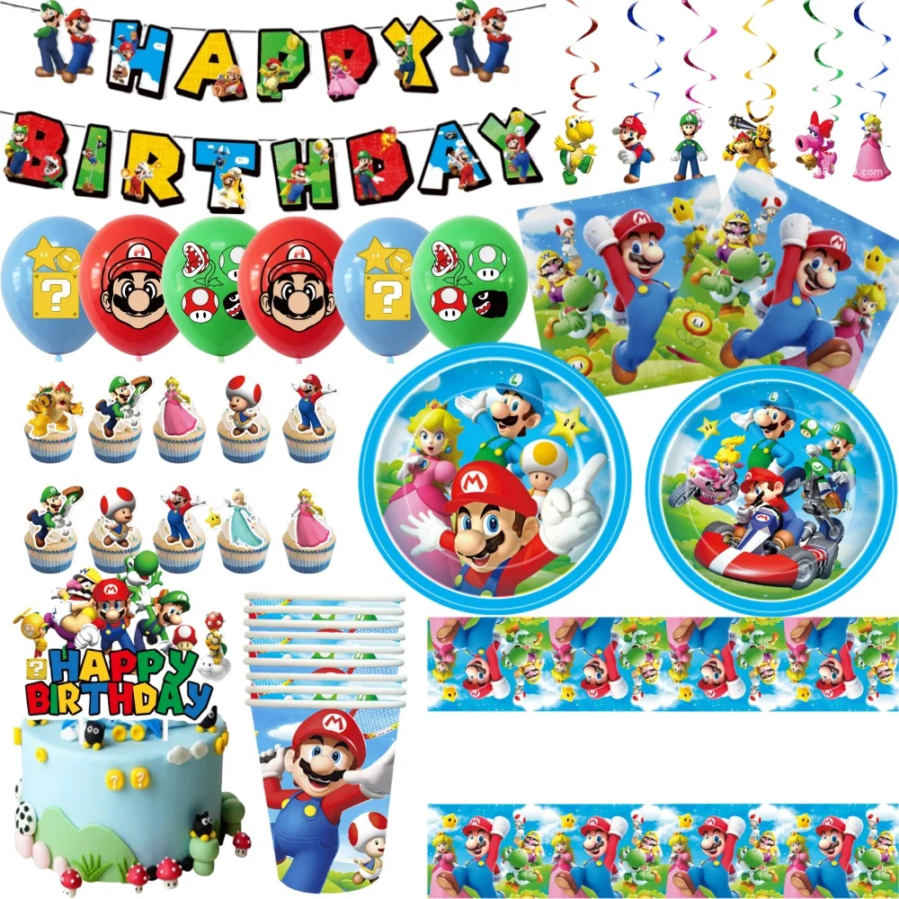 

Super Marioedd Bros Party Supplies Mario Birthday Decorations Tableware-Mario Balloon Banner Backdrop Tablecloth Plates Cups Etc