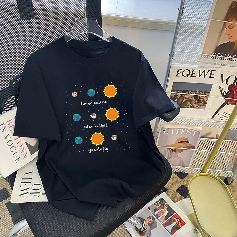 NOVEDAD DE VERANO 20225, camiseta Retro americana con cuello redondo para mujer, ropa de calle informal sencilla y holgada, camiseta elegante de manga corta, Top de nicho